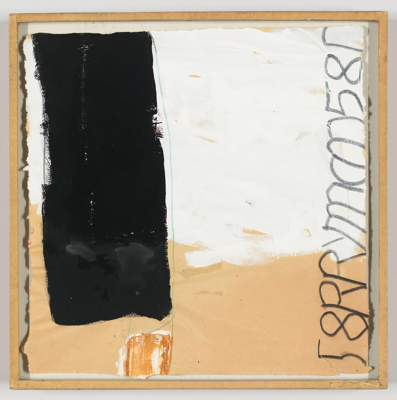 Abstract painting with a large black vertical block, white upper area, and tan lower section.