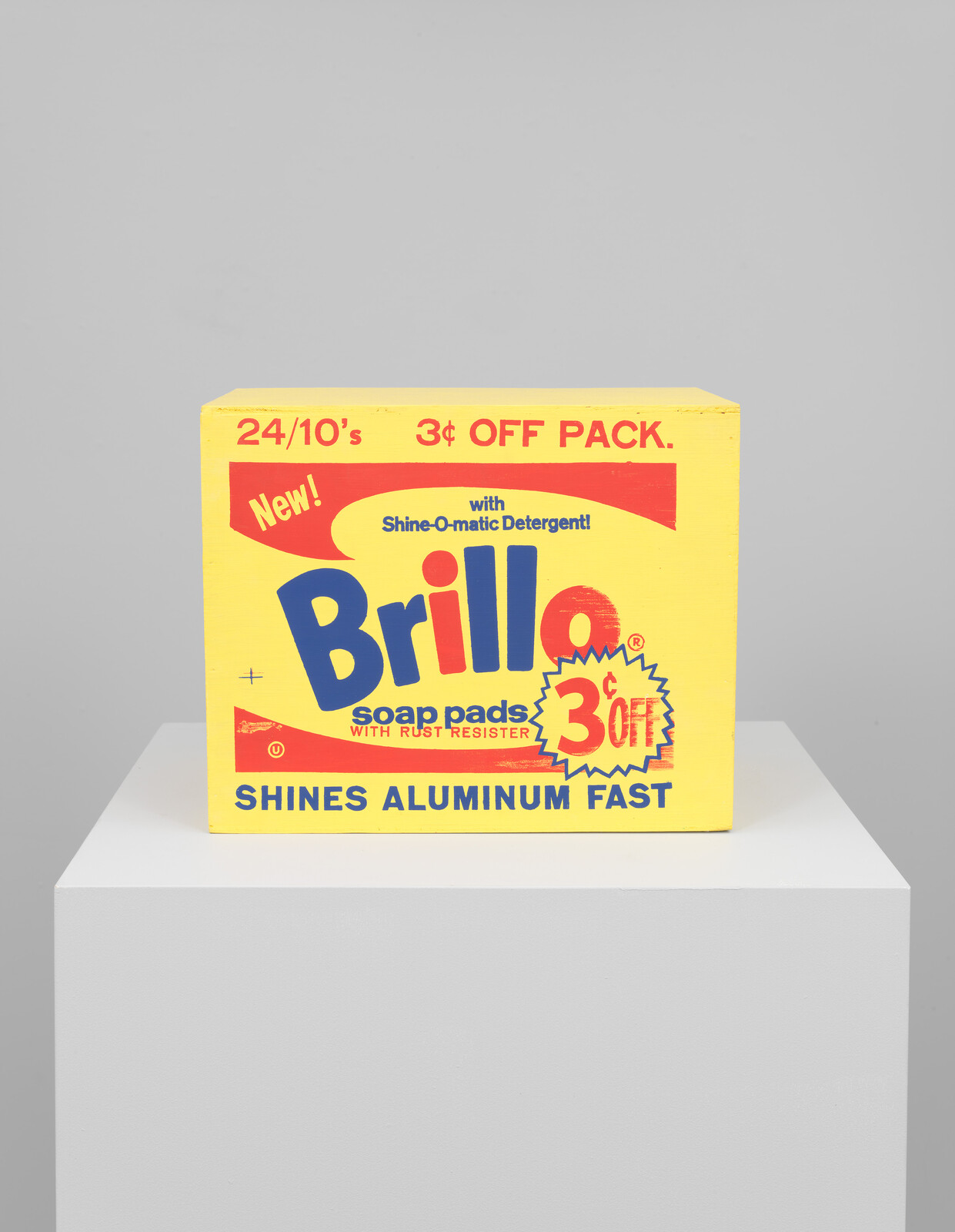 Yellow Brillo soap pads box with red and blue text, offering 3¢ off. Promises to shine aluminum fast.