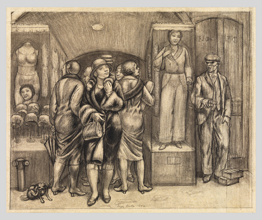 Women crowd around a shop window displaying hats while a doorman watches and a man stands nearby.