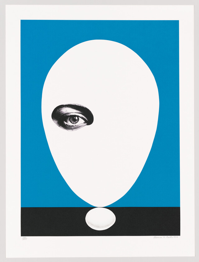 A large abstract white head with a single human eye against a blue background.