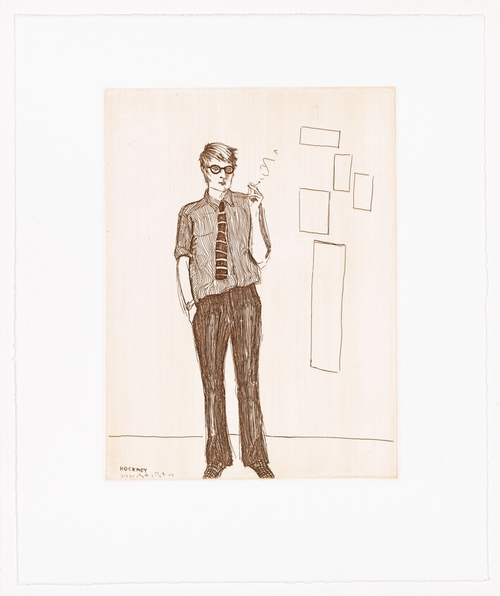 Illustration of a stylized man with glasses, smoking a cigarette, standing in front of an abstract background with floating geometric shapes. The man is fashionably dressed in a striped shirt with a tie and flared trousers. The artwork is signed "Hockney" and dated '82.