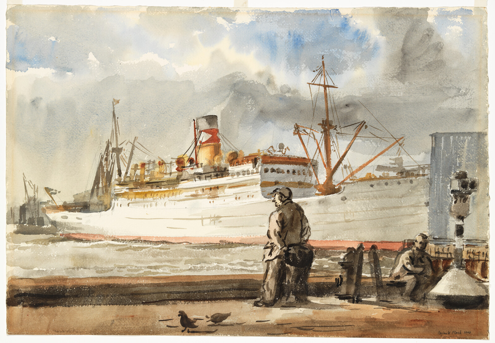 A man stands on the pier watching a large passenger ship docked under cloudy skies.
