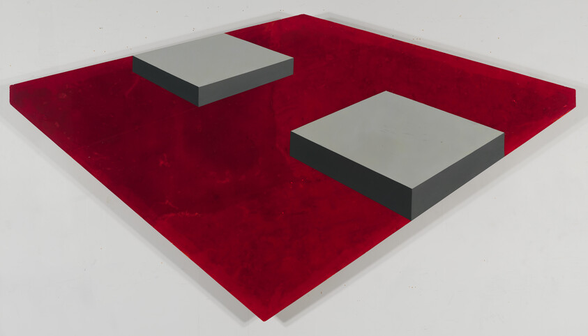 Red rectangular platform with two gray rectangular blocks raised above its surface.