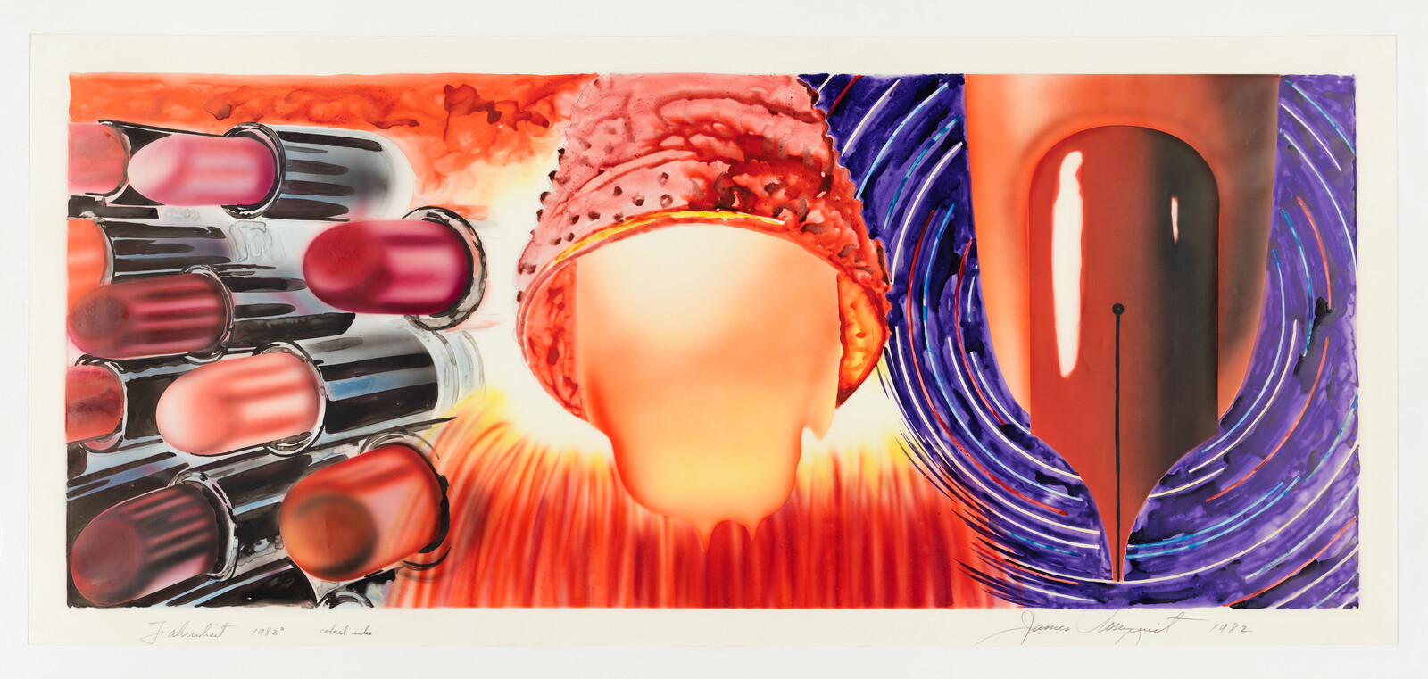 Several lipstick tubes surround a glowing faceless head wearing a textured cap beside a large pen nib.