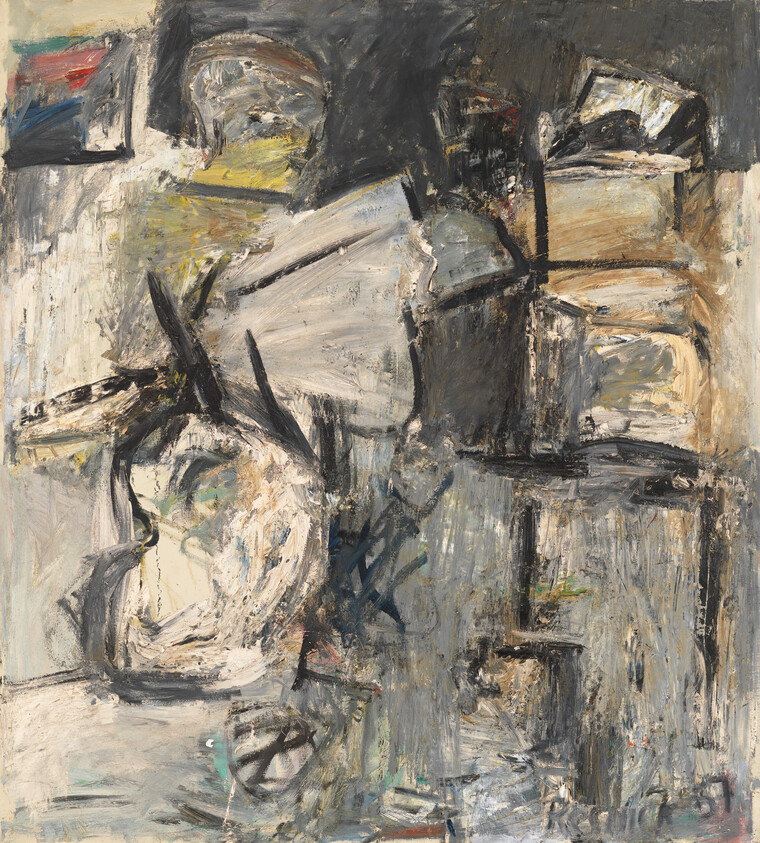 Large abstract painting with heavy gray and white brushstrokes suggesting chaotic shapes and layered textures.