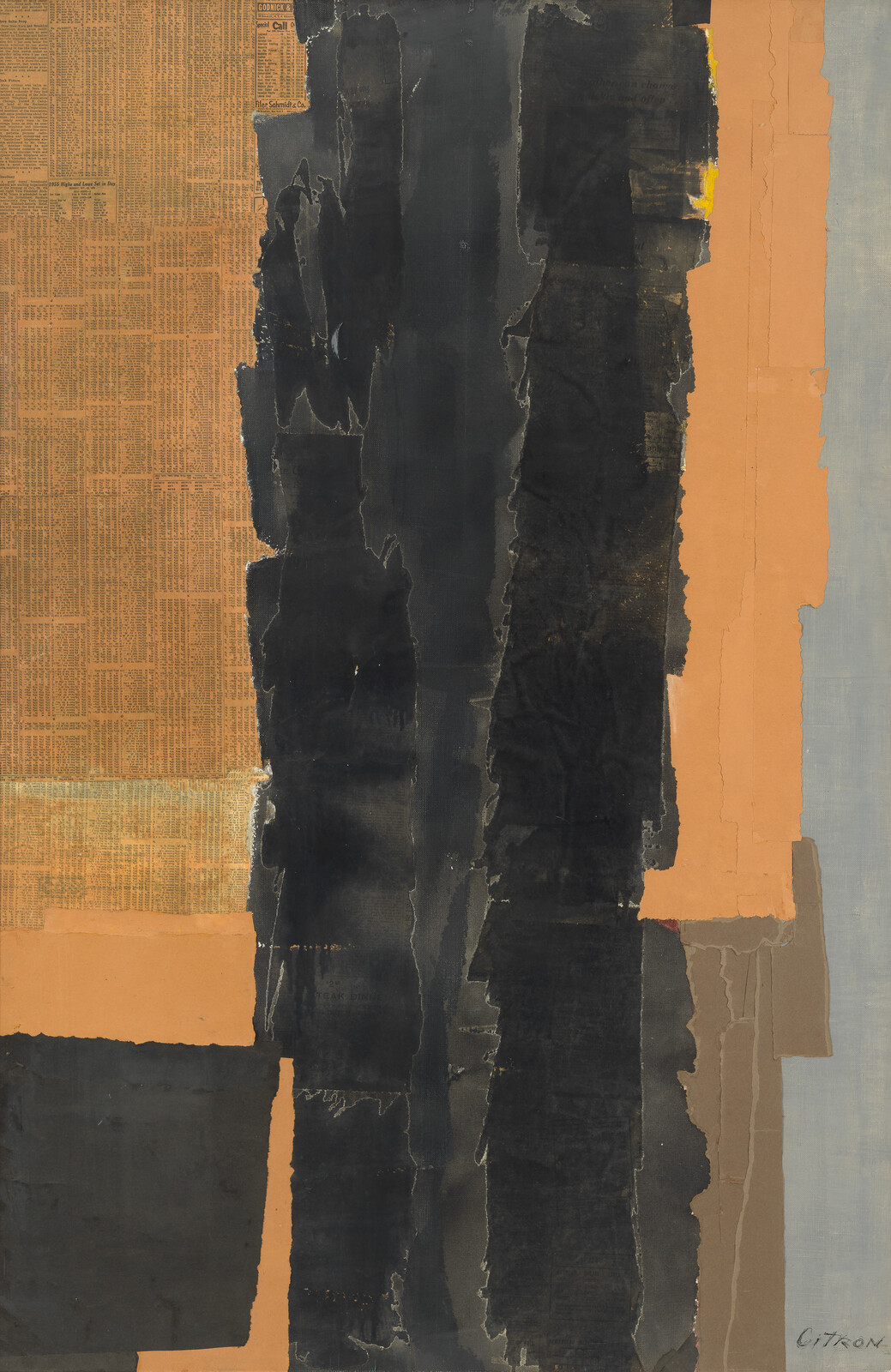 Tall vertical collage of torn black and orange paper strips layered against a pale background.