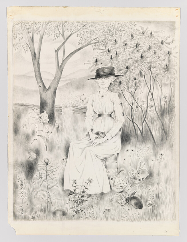 An elderly woman in a hat sits in a meadow holding a small animal.