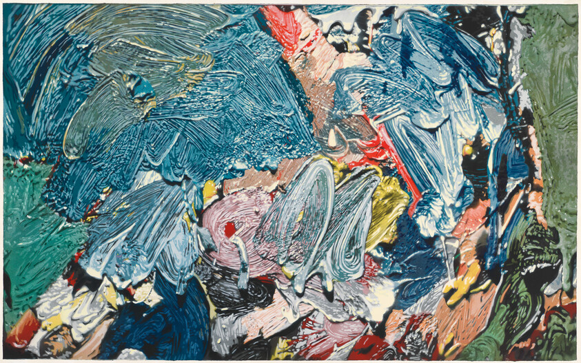 Thick, colorful oil paint swirls and textured brushstrokes creating an abstract, layered composition.