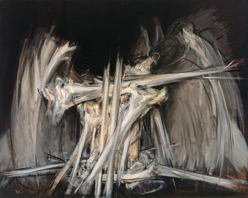 Twisted white bone-like forms clash and intersect against a dark, sweeping background.