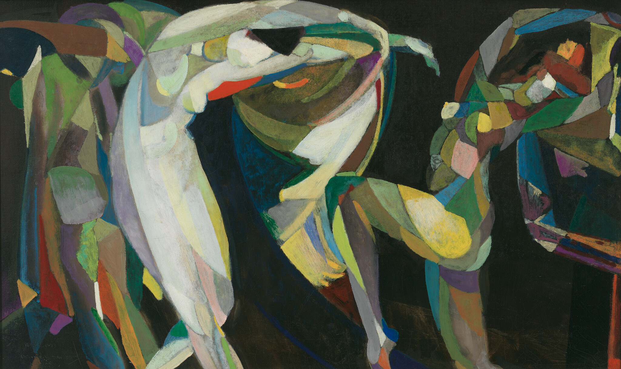 Two abstract figures, one white and one multicolored, appear to dance against a dark background.