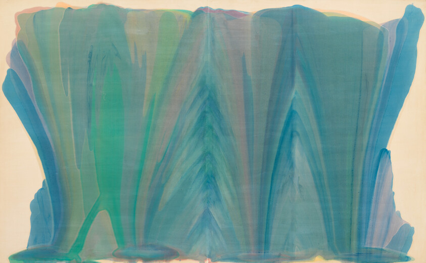 Abstract painting with flowing blue and green shapes, creating a symmetrical, waterfall-like effect.