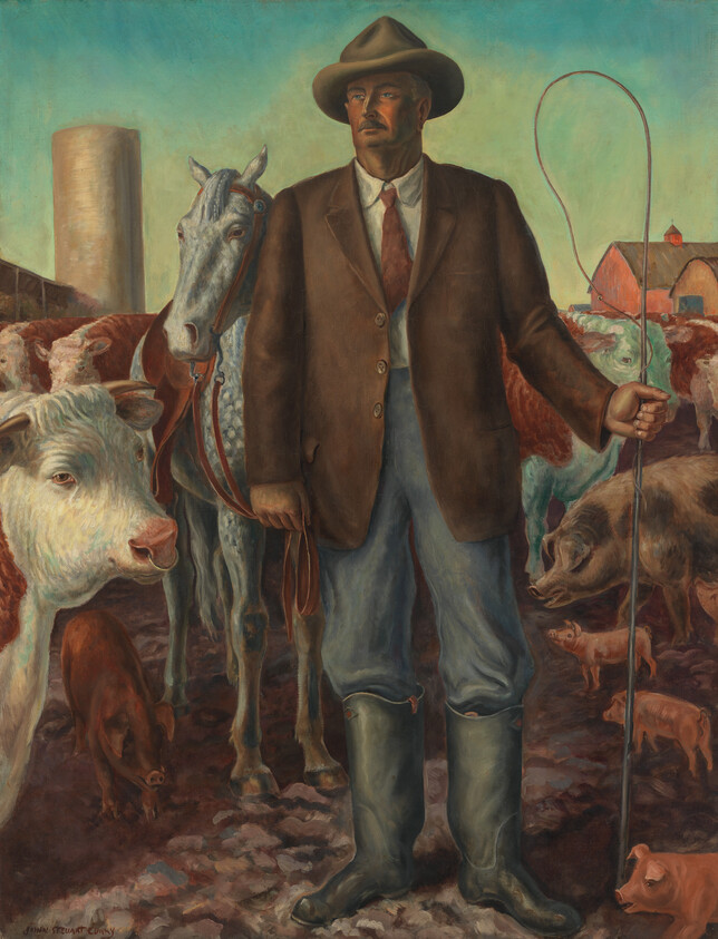 A farmer stands among cattle, pigs, and a horse while holding a rope and staff.