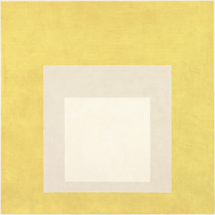 Three concentric squares in soft yellow and cream create a simple, geometric composition.