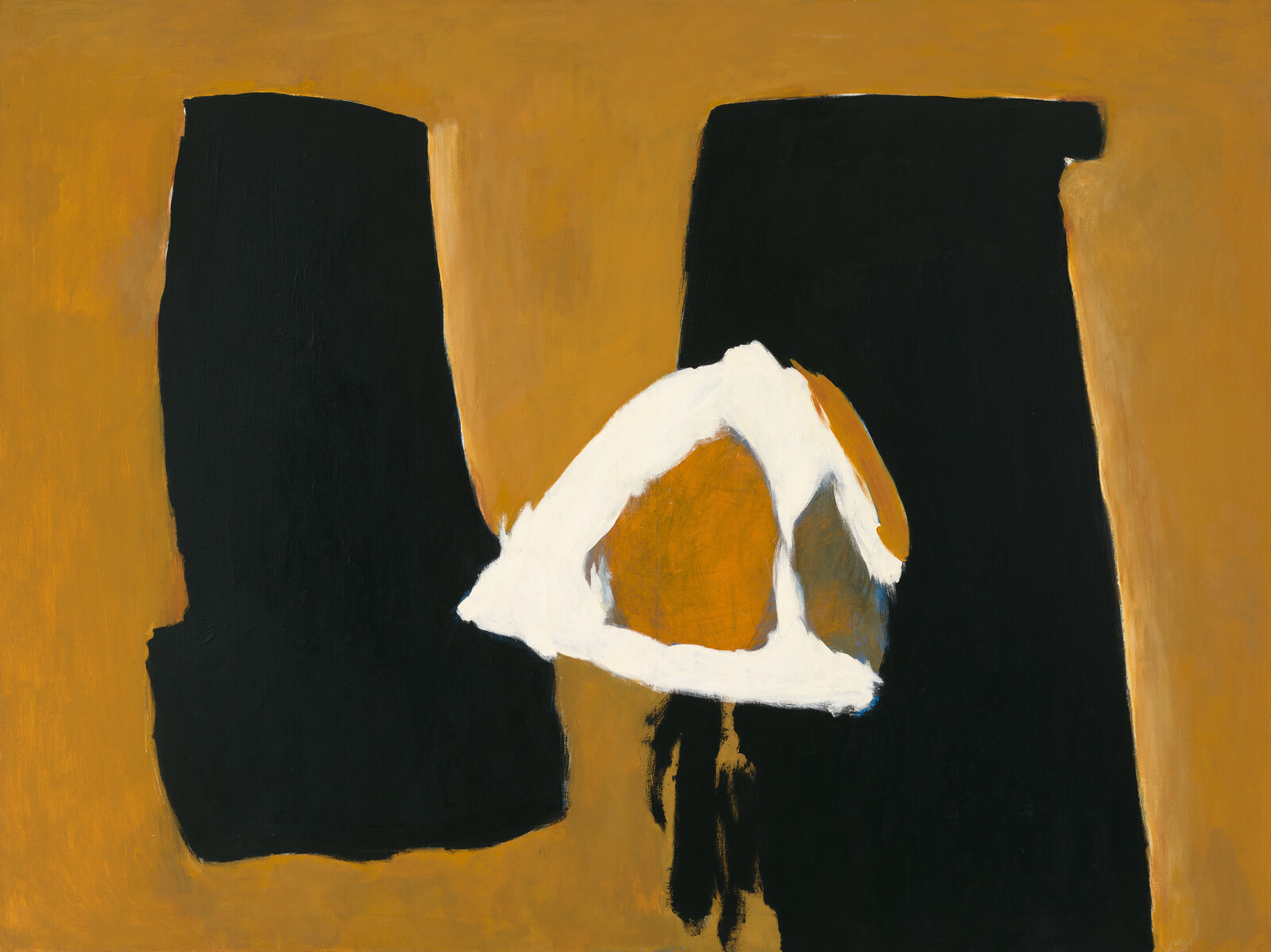 Two large black vertical shapes frame a central white-and-orange triangular form against a brown background.