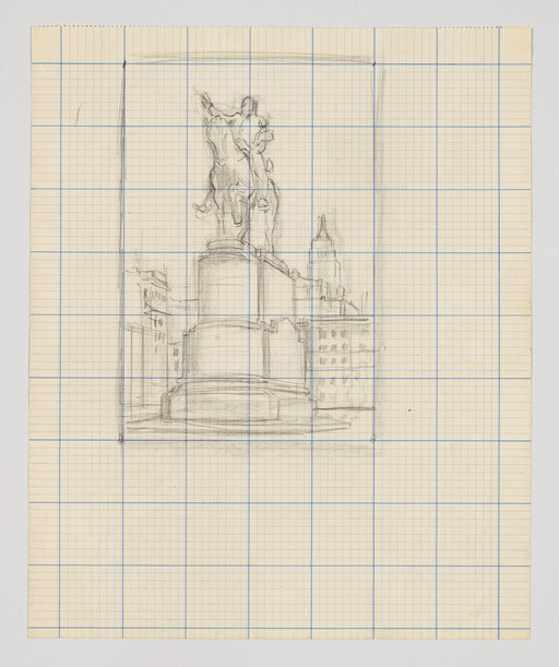 Pencil sketch on grid paper of an equestrian statue atop a tall pedestal in a city square.