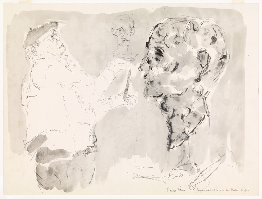 An artist sketches a large stone head profile while holding a drawing pad and pen.