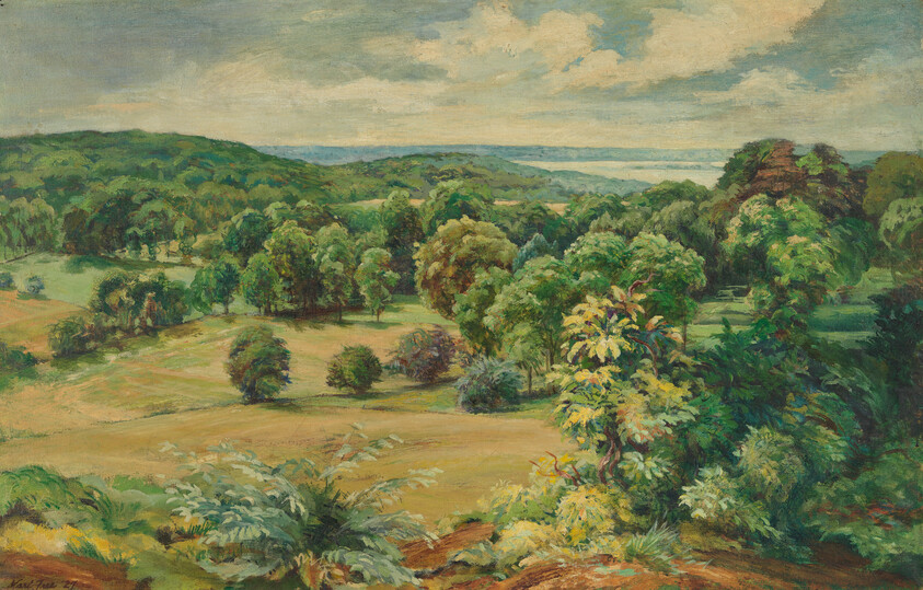 A rolling green landscape with scattered trees, shrubs, and a distant body of water under clouds.