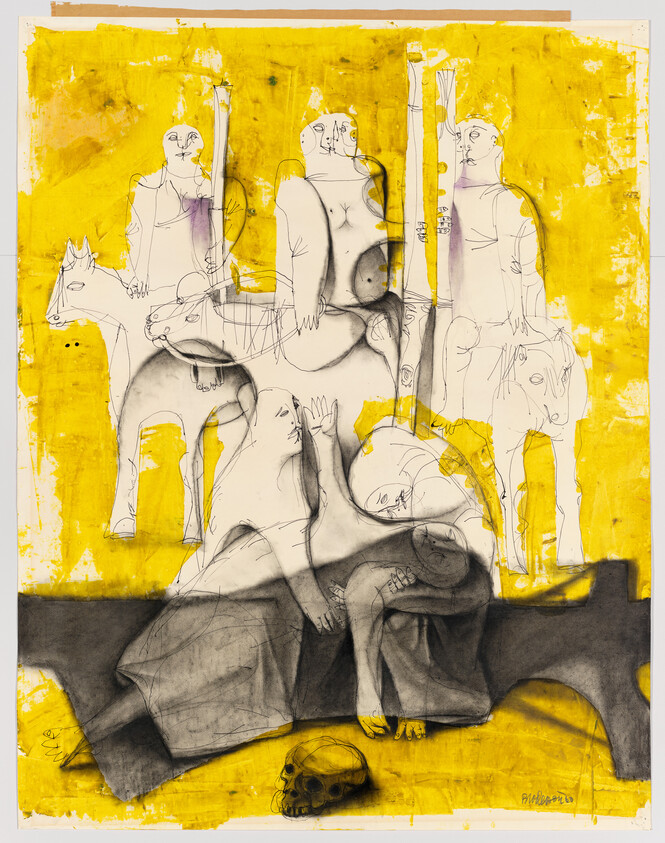 Two seated figures embrace at the front with a skull below and ghostly riders behind.