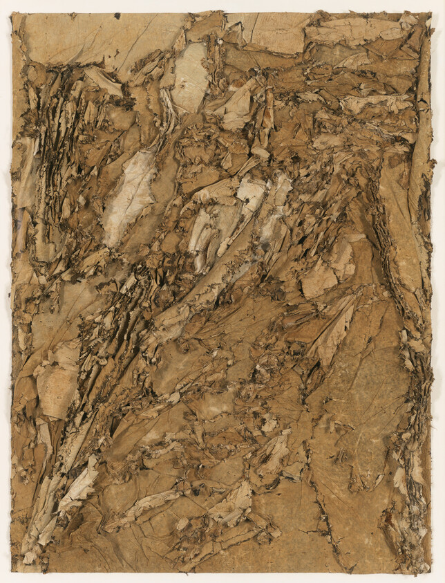 Large sheet of crumpled, torn brown paper layered into a rough, textured abstract collage.