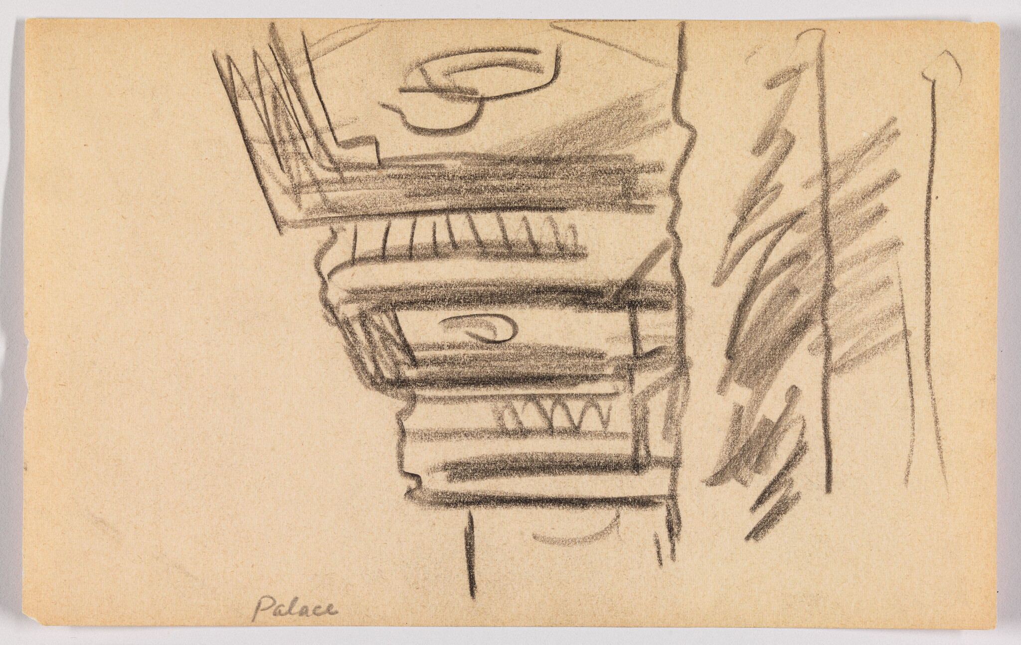 A sketch on tan paper featuring abstract shapes and lines with a signature at the bottom left corner. The drawing includes dark, bold strokes, creating a sense of depth and movement, with some elements resembling architectural forms.