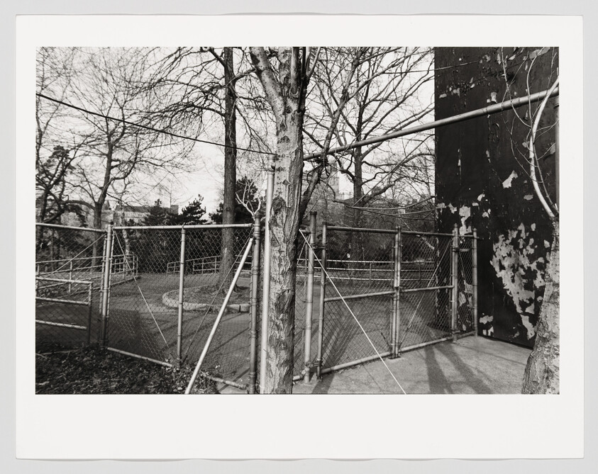 A locked chain-link fence gate blocks a small park area with bare trees and a peeling wall.