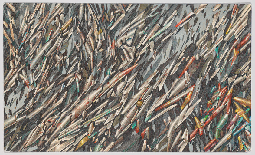 Hundreds of metallic, rocket-shaped shards swirl diagonally across the image in a chaotic pattern.
