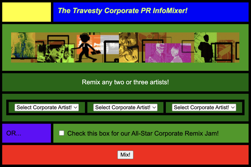 Colorful interface titled "The Travesty Corporate PR InfoMixer!" with dropdowns to select artists and a "Mix!" button.