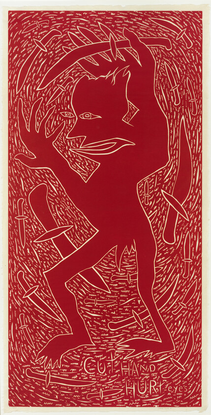 A red print shows a contorted human silhouette surrounded by multiple knives and scratch-like marks.