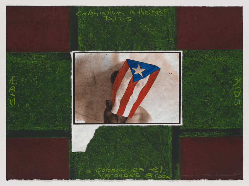 A person with a Puerto Rican flag covering their head framed by text blaming colonialism for AIDS.