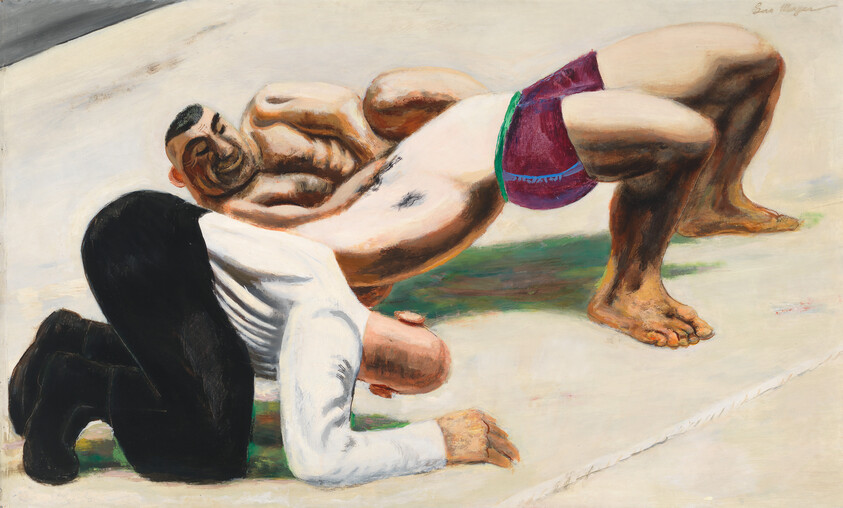 Two wrestlers collide on the mat as one bridges backward while the other kneels forward.