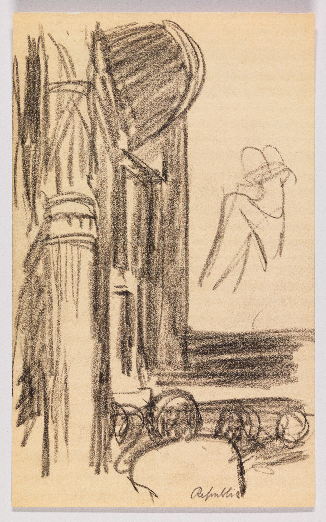 A sketch on tan paper featuring abstract and loosely drawn elements that suggest a scene with vertical lines and shapes resembling trees or columns on the left, a figure seated in a relaxed pose on the right, and curvilinear forms at the bottom that might represent foliage or other organic shapes. The artist's signature is visible at the bottom right corner. The drawing is executed with soft, dark lines, likely charcoal or pencil, creating a sense of depth and texture.
