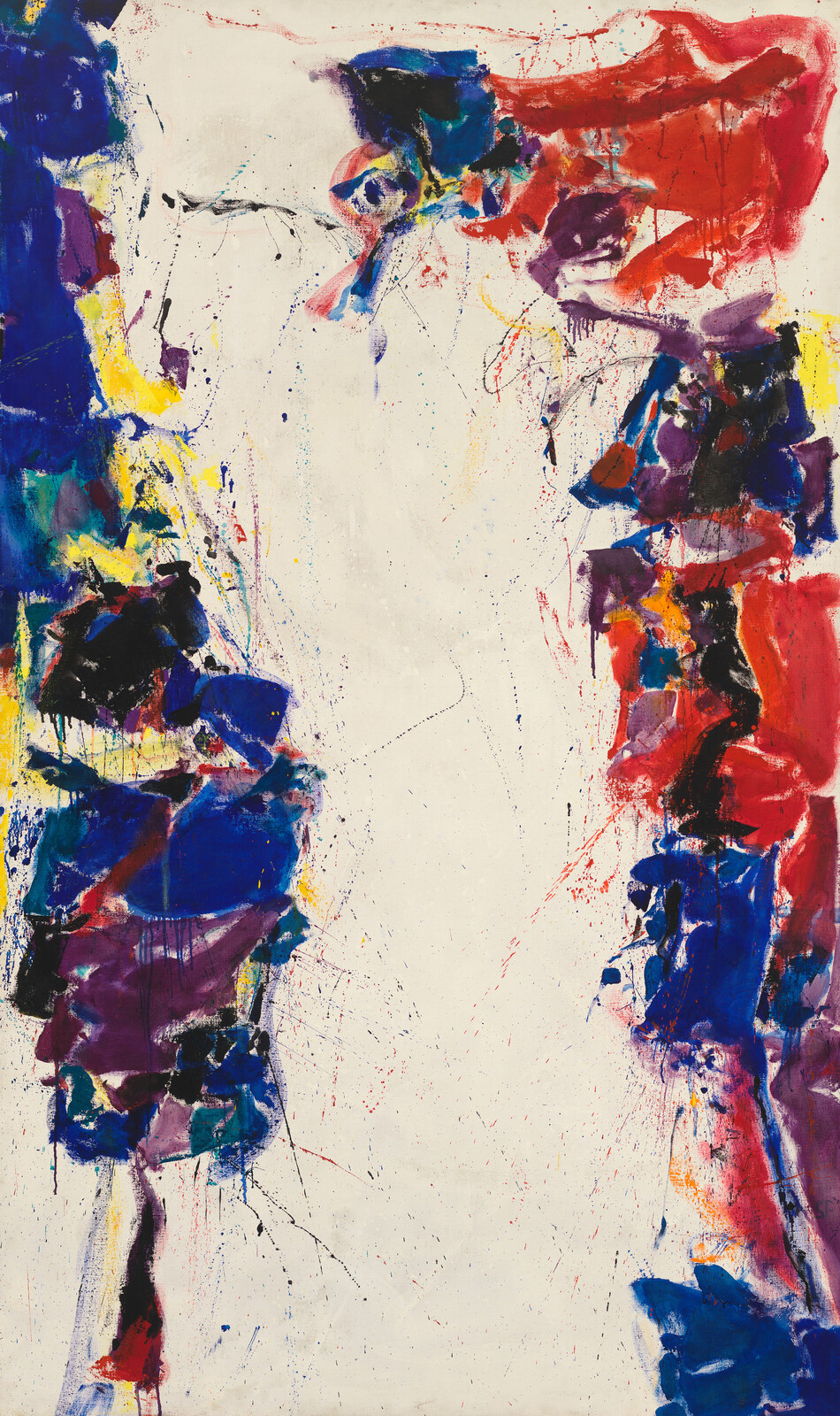 Abstract painting with bold blue, red, and purple paint splashes framing a wide white center.