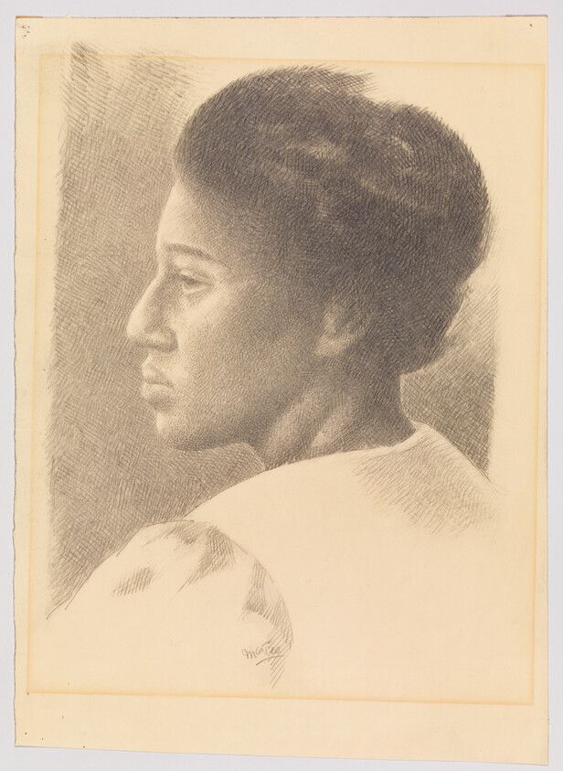 Woman in profile drawn in pencil, looking thoughtfully to the left.