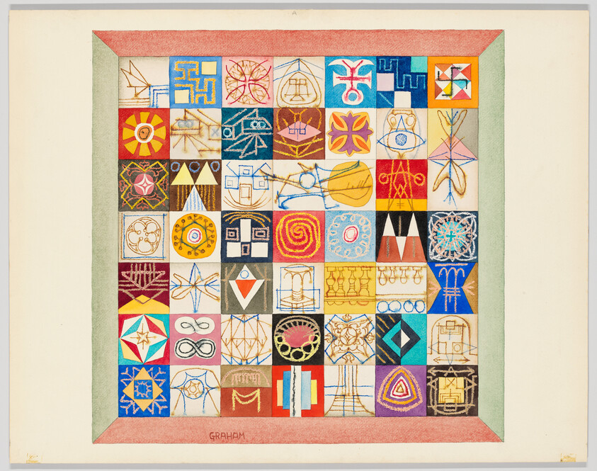 A framed grid of colorful abstract geometric symbols and patterns arranged in neat rows and columns.
