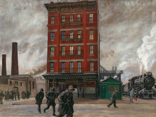 A tall red tenement building beside a steam train as bundled pedestrians walk along the street.