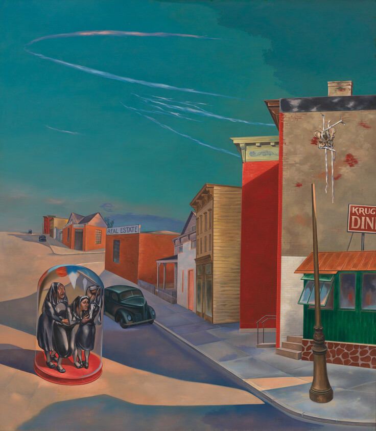 Three nuns sit inside a glass dome on a deserted street with a diner and car nearby.