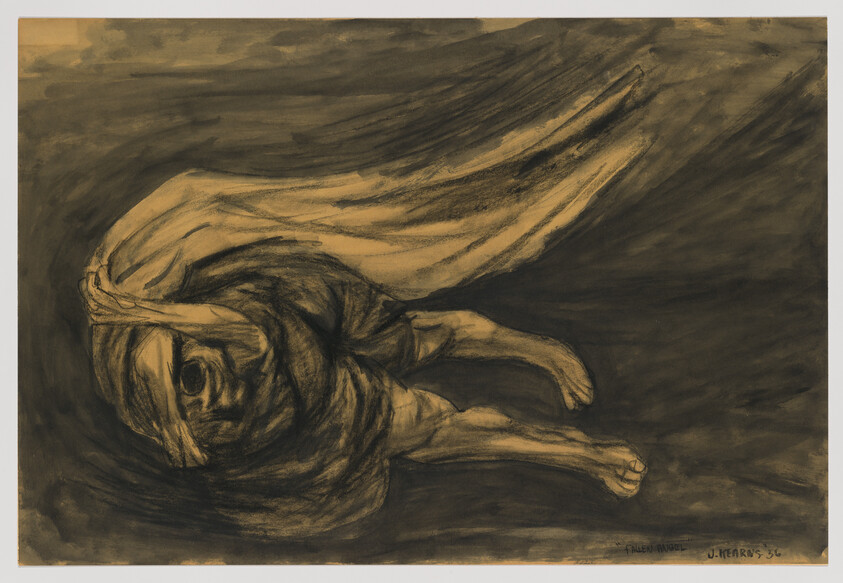 A dark charcoal drawing of a shrouded figure lying on its side with flowing fabric.
