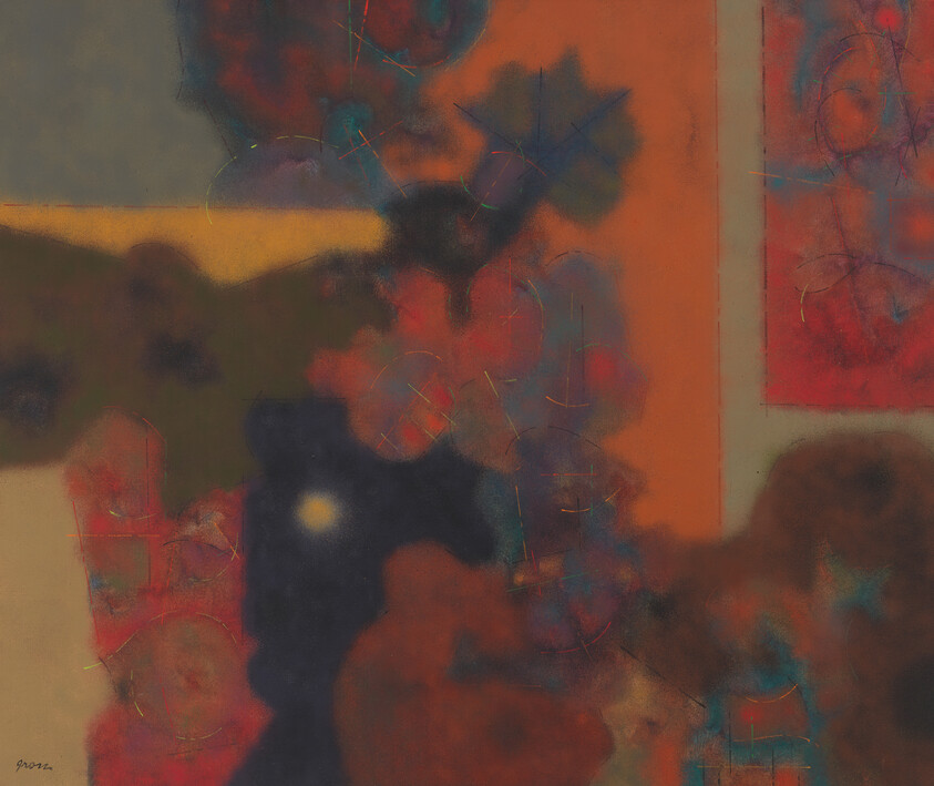Abstract painting with warm orange and red shapes, a dark central area, and a small glowing dot.