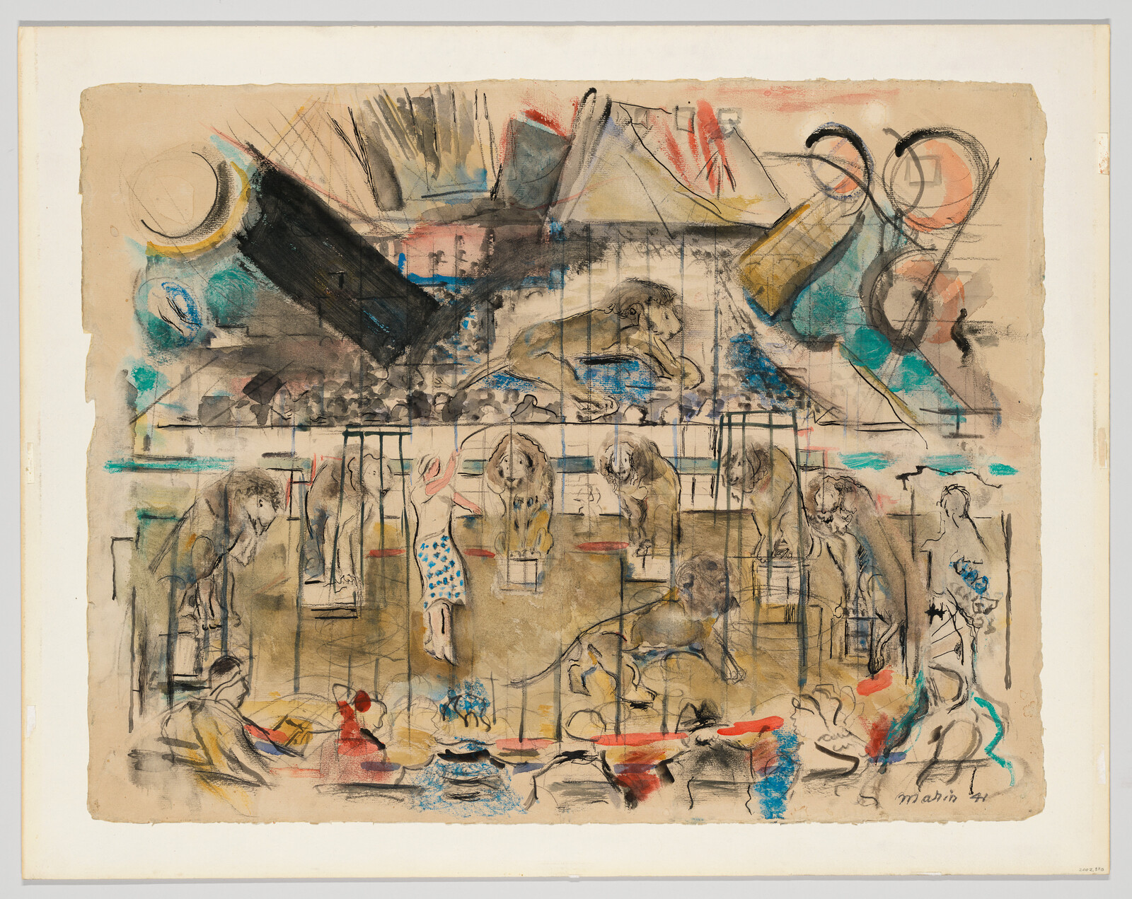 Lions in cages with a trainer and audience in a colorful, sketchy circus scene.