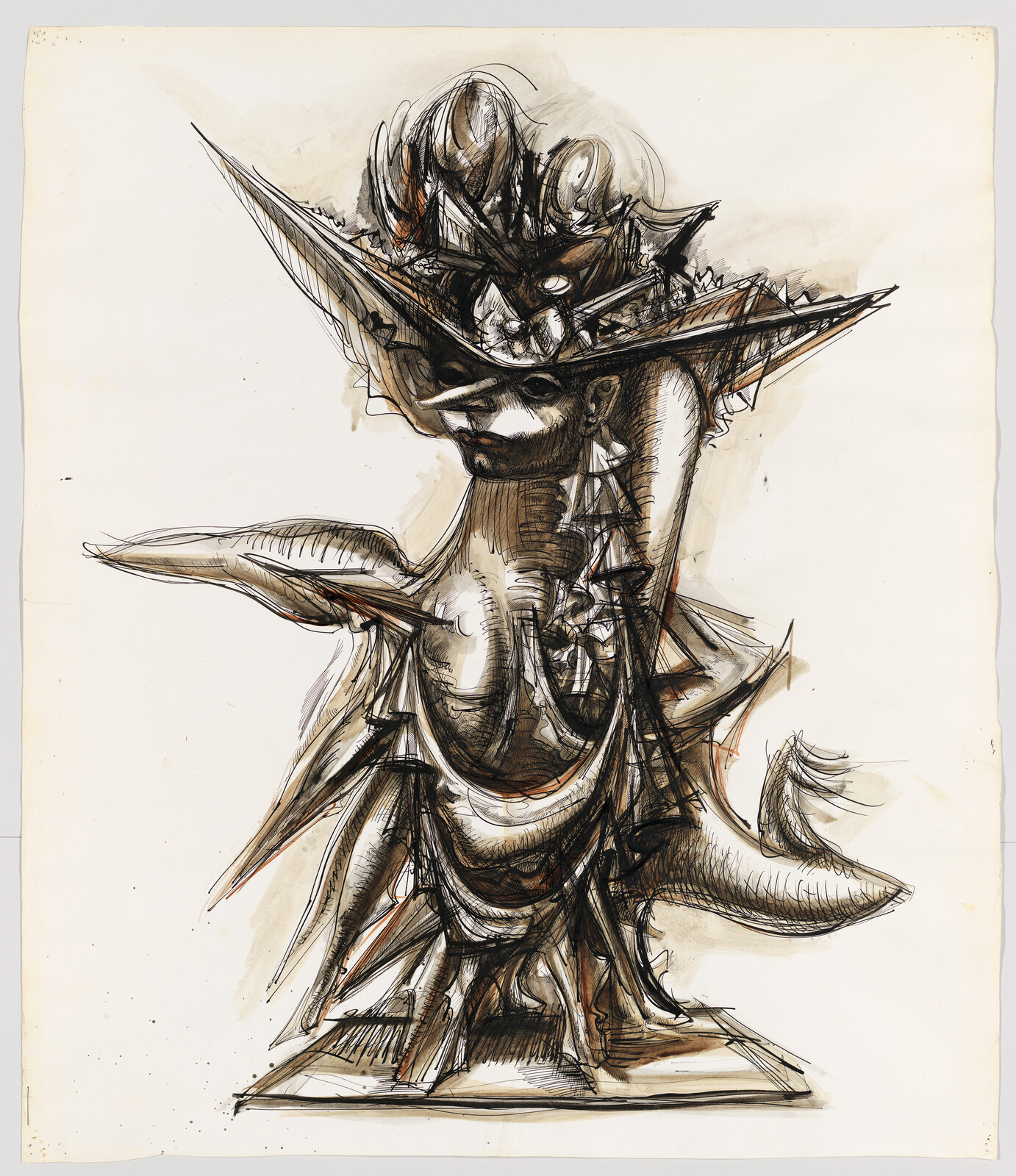 A stylized humanoid sculpture with a wide pointed hat and flowing, spiked drapery.