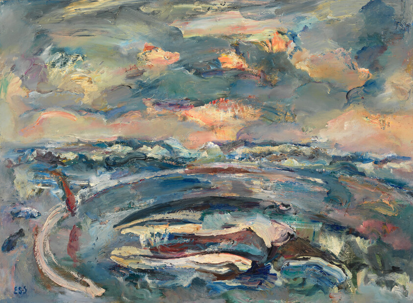 Stormy sea with churning waves under a dramatic colorful sky and swirling brushstrokes.