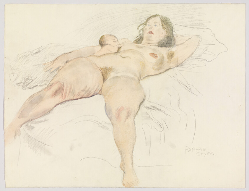 A nude woman reclines on a bed while breastfeeding a small baby.
