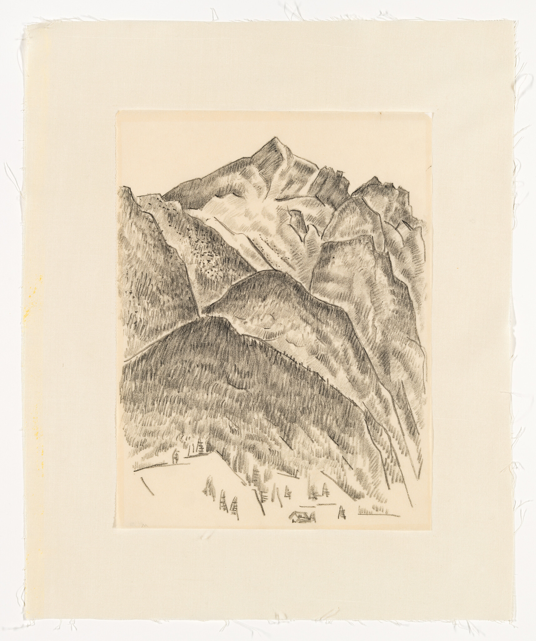 A pencil sketch of tall, rugged mountains rising above small houses and trees in the valley.