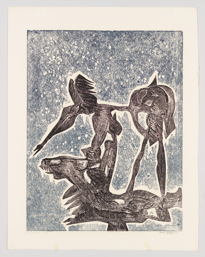 Three dark abstract bird-like figures perched against a speckled blue background.