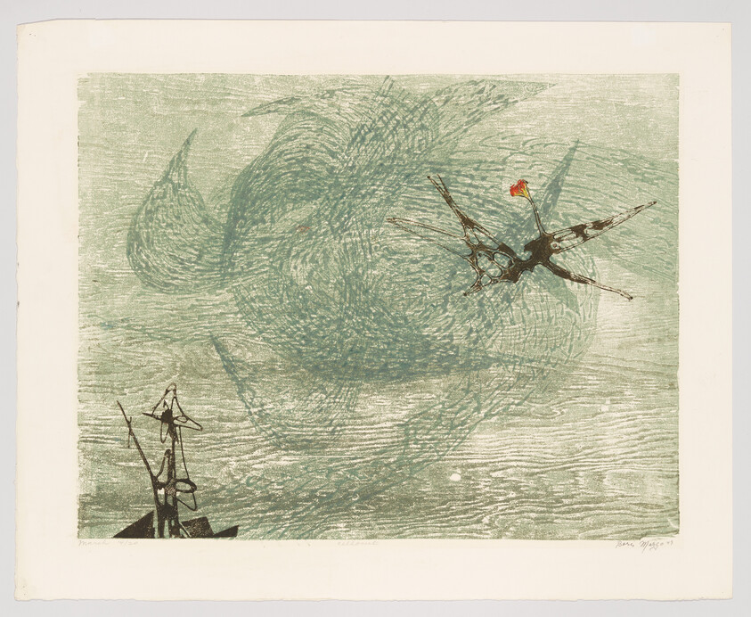 A small boat with a person watches a mechanical flying creature carrying a small red flag.