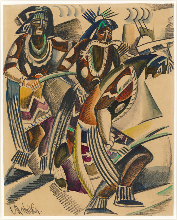 Two stylized figures in feathered headdresses and patterned clothing performing a rhythmic dance with curved staffs.