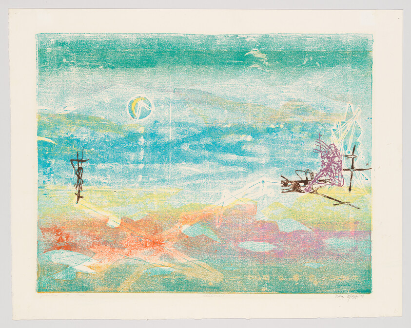 Abstract seaside scene with turquoise sky and small stick-figure structures near the shoreline.