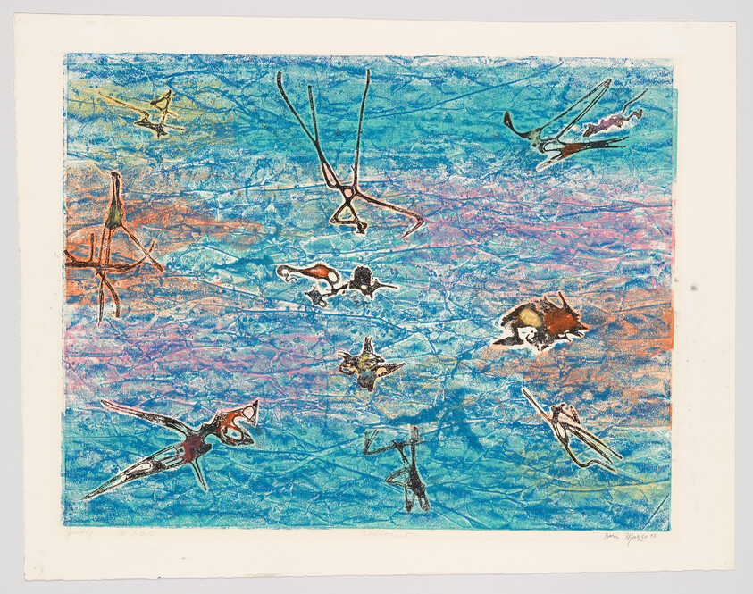 Several stylized swimmers and divers glide through textured blue water with colorful highlights.