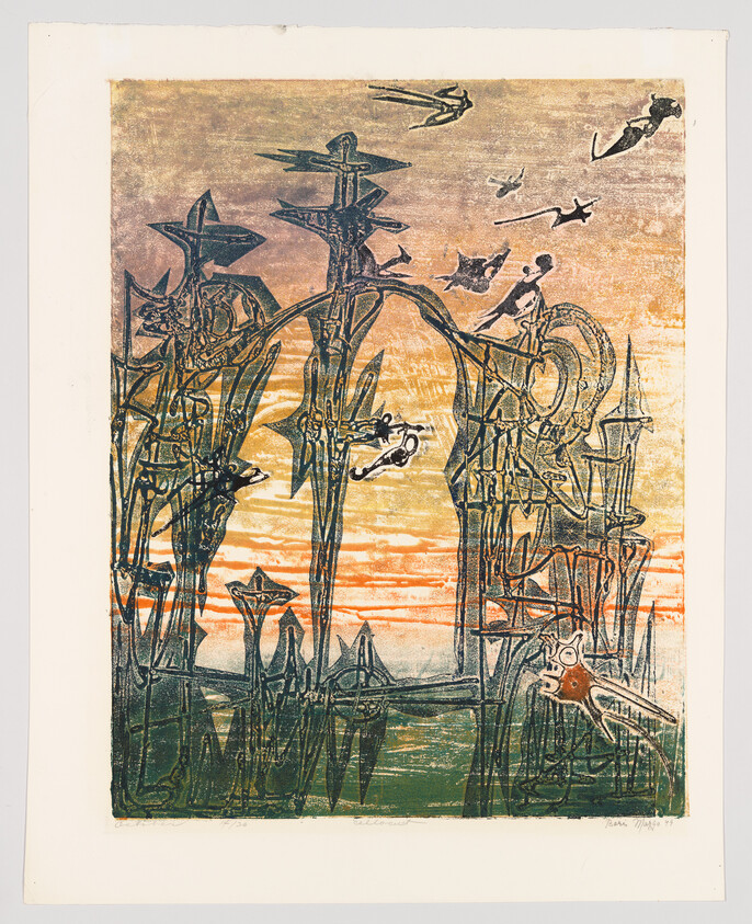 Tall abstract towers rise over a sunset as figures dive and fly between them.