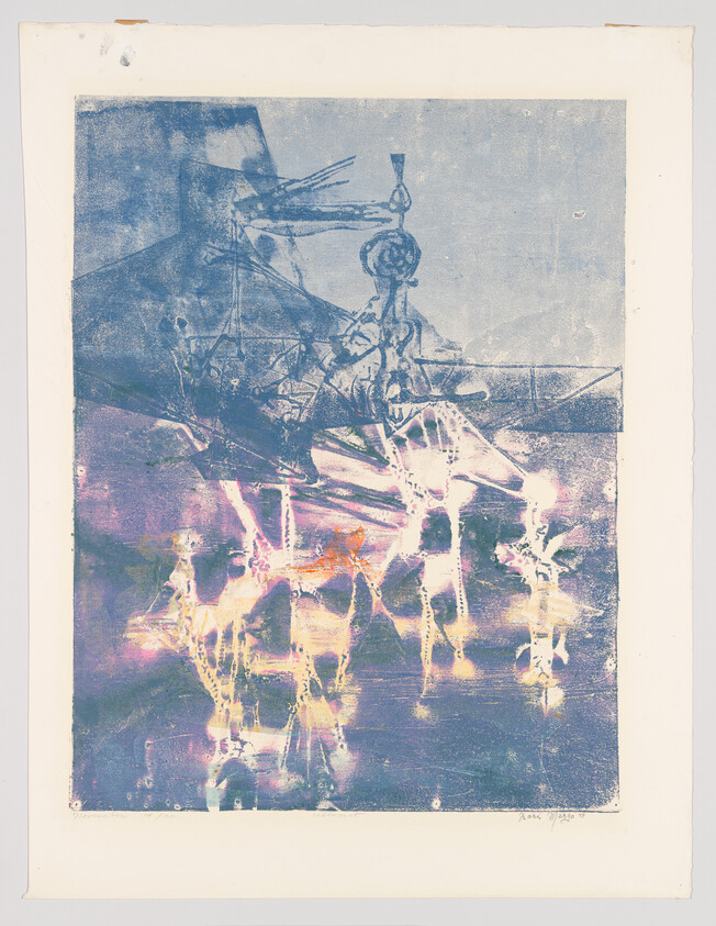 Abstract print showing a boat-like structure above glowing, dripped reflections in blue and purple tones.
